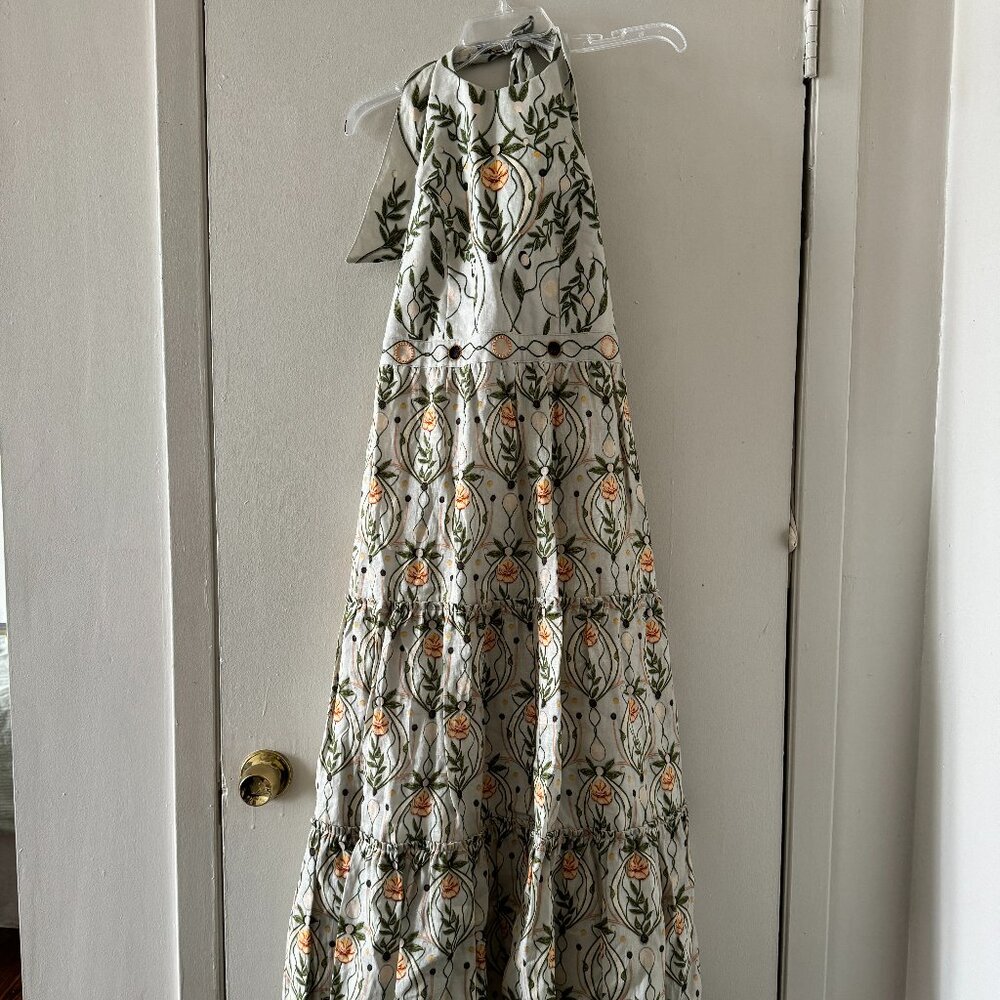 CONSUELO LUNAR HAND-EMBROIDERED LINEN MIDI DRESS